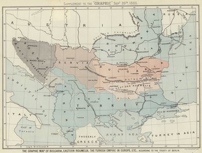 Grafická mapa Bulharska, východní Roumelie, Turecké říše v Evropě od English School