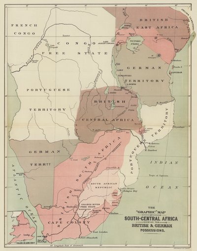 Grafická mapa jižní a střední Afriky zobrazující britský a německý majetek (barevně lito) od English School