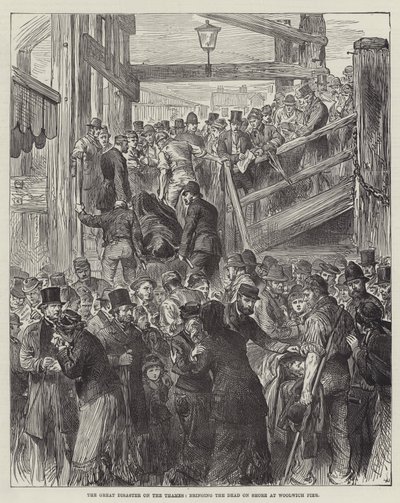 Velká katastrofa na Temži, přivedení mrtvých na pobřeží u mola Woolwich (rytina) od English School