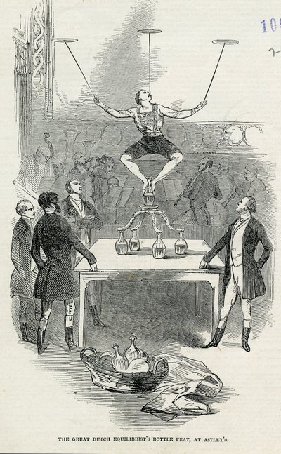 The Great Dutch Equilibrists Bottle Feat at Astleys, ilustrace převzata z ilustrovaných London News, 1846 od English School