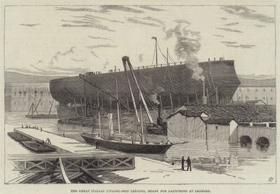 Velká italská citadela – loď Lepanto, připravená ke spuštění v Leghornu (rytina) od English School