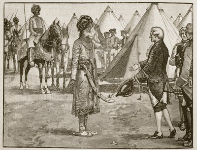 Velký Mogul vjíždí do anglického tábora, 1765, ilustrace z Cassells Illustrated History of England (sépiová fotografie) od English School