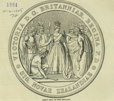 Velká pečeť Nového Zélandu, z The Illustrated London News, 21. června 1845 od English School