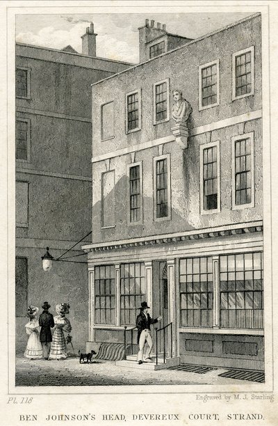 The Grecian Coffee House, Devereux Court, Strand, s bustou Bena Johnsona (rytina) od English School