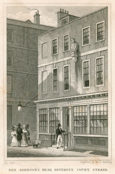 The Grecian Coffee House, Devereux Court, Strand, s bustou Bena Johnsona od English School