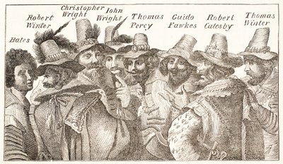 The Gunpowder Plot Conspirators, po rytině z roku 1606 od English School
