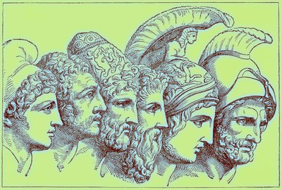 Hrdinové trojské války: Paříž, Diomedes, Odysseus, Nestor, Achilles, Agamemnon, ilustrace z Ilustrované historie světa, vydaná kolem roku 1880 (digitálně vylepšený obrázek) od English School