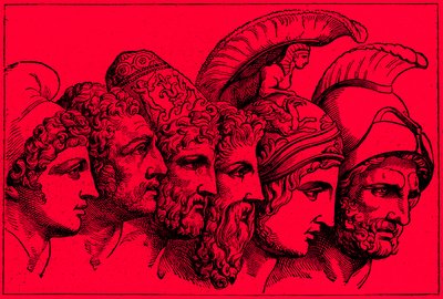 Hrdinové trojské války: Paříž, Diomedes, Odysseus, Nestor, Achilles, Agamemnon, ilustrace z Ilustrované historie světa, vydaná kolem roku 1880 (digitálně vylepšený obrázek) od English School