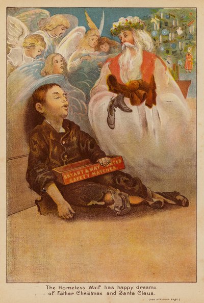 Bezdomovec Waif má šťastné sny o Ježíškovi a Santa Clausovi (barevná litografie) od English School