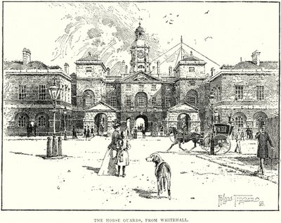 Horse Guards, pohled z Whitehallu (rytina) od English School