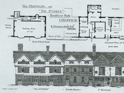 Hostelry and The Stores, Bedford Park, Chiswick, z The Building News, 1877 od English School