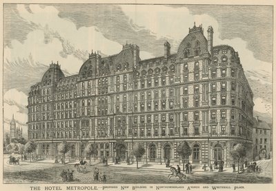 Hotel Metropole, navrhovaná nová budova v Northumberland Avenue a Whitehall Place od English School