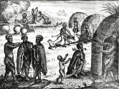 Hottentoti zbožňují určitý hmyz, ilustrace z „Současného stavu mysu Dobré naděje“ od Petera Kolba, vydaného v roce 1731 od English School