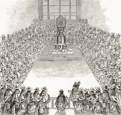 Dolní sněmovna za časů Jakuba I. z „Obrázky z Londýna: Kreslené perem a tužkou“, od reverenda Richarda Lovetta, vydáno 1890 od English School