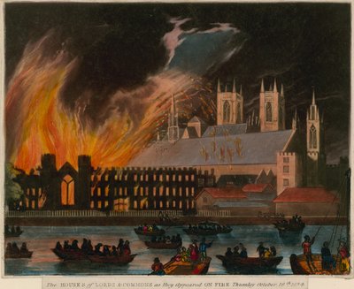 Sněmovny lordů a Commons, když se objevily v plamenech, 16. října 1834 od English School
