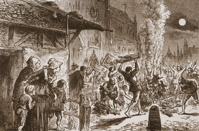 Obrazoborci v Basileji pálí obrazy a idoly, ilustrace z Historie protestantismu od Jamese Aitkena Wylie (1808-1890), hospoda. 1878 od English School