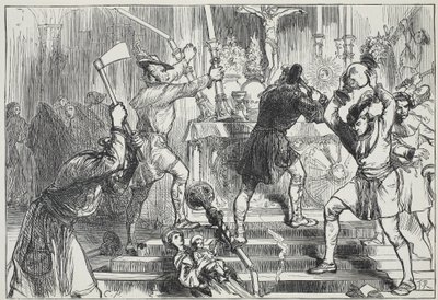 Obrazoborci ničící obrazy a oltářní výzdobu římskokatolické církve, ilustrace z Historie protestantismu od Jamese Aitkena Wylie (1808-1890), hospoda. 1878 od English School