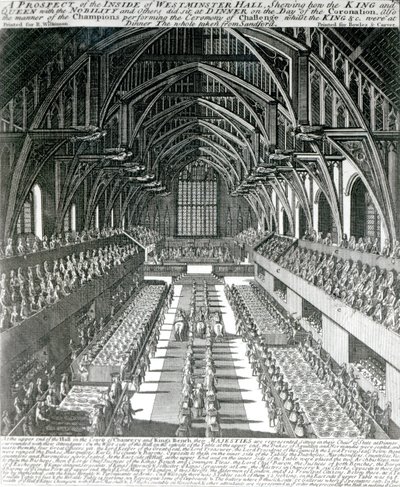 Uvnitř Westminster Hall (litho) (černobílá fotografie) od English School
