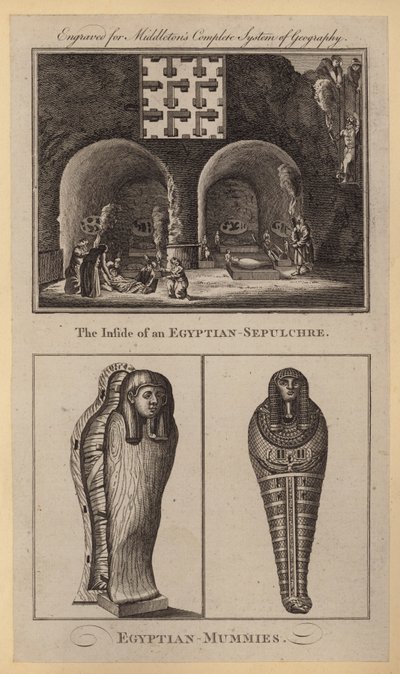 Vnitřek egyptské sepulkrálie, egyptské mumie (rytina) od English School