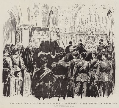 Pozdní Comte de Paris, pohřební obřad v kapli ve Weybridge (litho) od English School