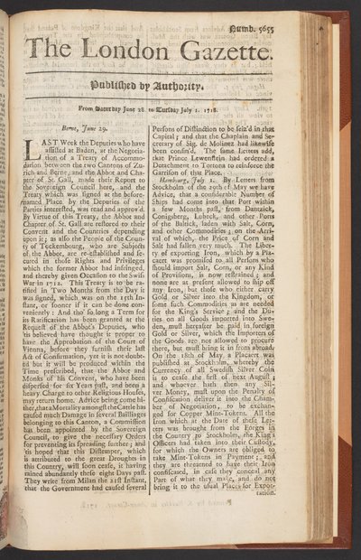 The London Gazette, vydání 5655, strana 1, 28. června 1718 (tisk) od English School