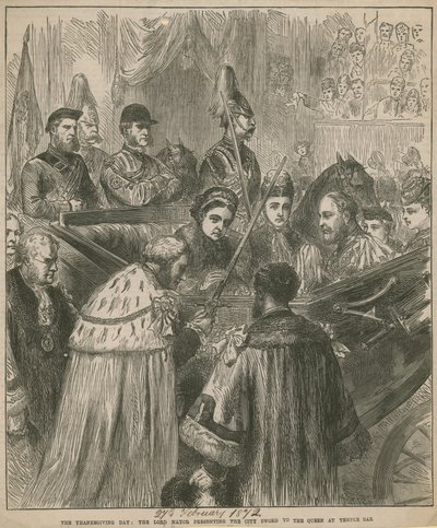 Primátor předává městský meč královně v Temple Bar od English School