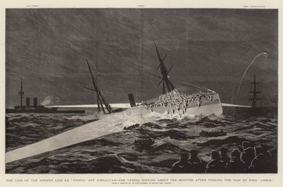 Ztráta kotevní linie SS "Utopia" u Gibraltaru, plavidlo se potopí asi deset minut poté, co zasáhlo berana HMS "Anson" (rytina) od English School