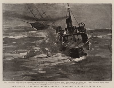 Ztráta čtyřstěžňové barque „Thracian“ u ostrova Man (litho) od English School