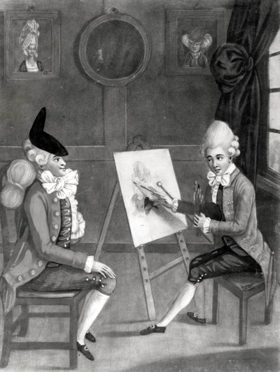 The Macaroni Painter, neboli Billy Dimple vhodný pro jeho obraz, publikoval Bowles a Carver, 1772 (mezzotinta) od English School