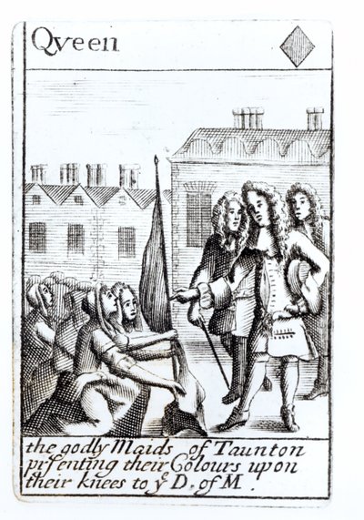 Služky z Tauntonu klečící před vévodou z Monmouthu, 18. června 1685, hrací karta Queen of Diamonds ze sady připomínající povstání Monmouthů od English School