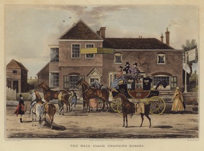 The Mail Coach Changing Horses (barevná rytina) od English School