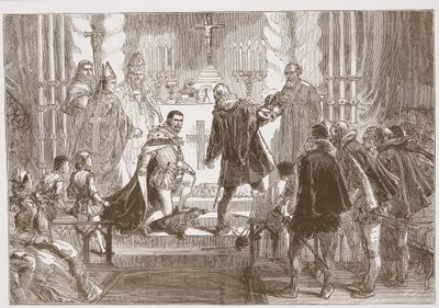 Polský maršál požadující přísahu od vévody z Anjou, ilustrace z Dějin protestantismu od Jamese Aitkena Wylie (1808-1890), nakl. 1878 od English School