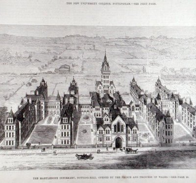 Marylebone Infirmary, Notting Hill, otevřena princem a princeznou z Walesu, z The Illustrated London News, 7. února 1881 od English School