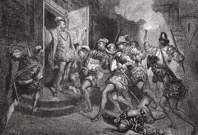 Masakr sv. Bartoloměje: útok na Colignys lodgings, ilustrace z Historie protestantismu od Jamese Aitkena Wylie (1808-1890), hospoda. 1878 od English School