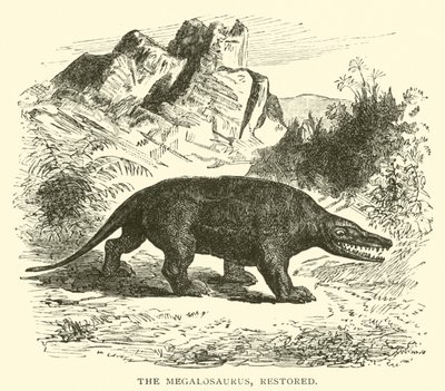Megalosaurus, restaurovaný (rytina) od English School