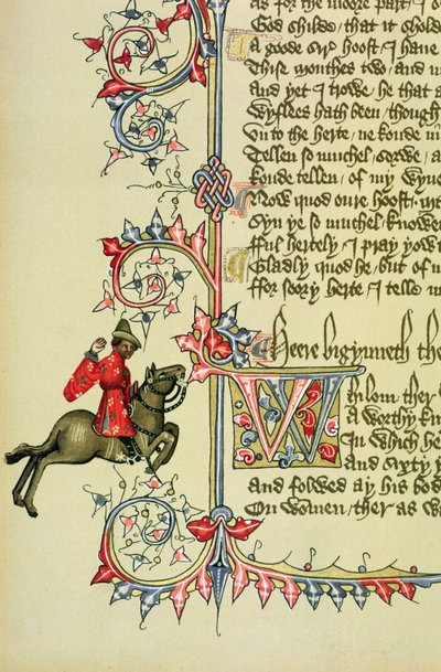 The Merchant, faksimile detail z Canterbury Tales, od Geoffreyho Chaucera (asi 1342-1400) od English School