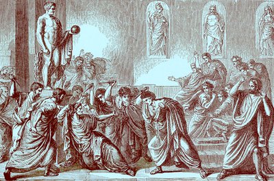 Vražda Julia Caesara, ilustrace z Ilustrovaných dějin světa, vydaných kolem roku 1880 (digitálně upravený obrázek) od English School