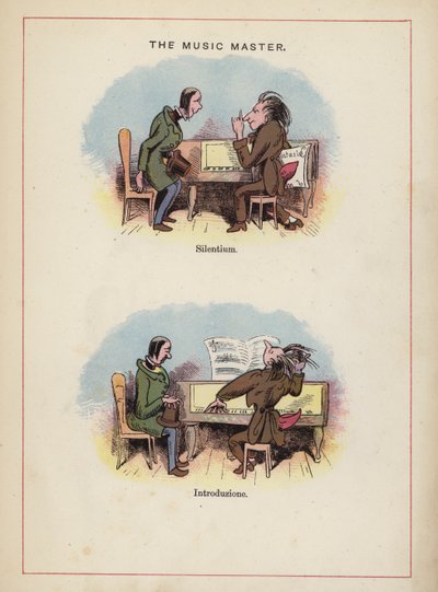 Mistr hudby - různé způsoby hry na klavír (barevná litografie) od English School