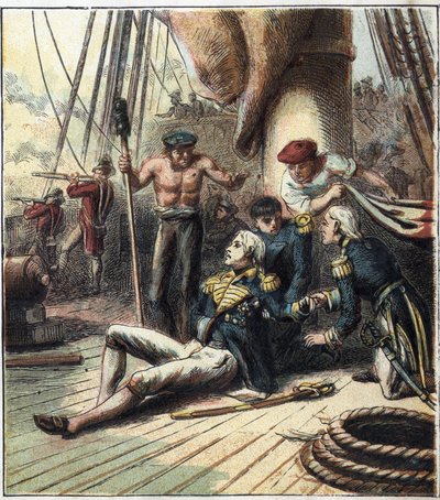 Napoleonská válka: bitva u Trafalgaru, 21. 10. 1805 se postavila proti francouzsko-španělské flotile pod vedením admirála Villeneuva proti britské flotile pod velením viceadmirála Nelsona. Zemřel tam. "Bitva o Trafalgar." od English School