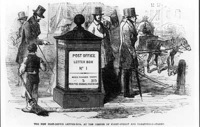 The New Post-Office Letter-Box, na rohu Fleet Street a Farringdon Street, z The Illustrated London News, 24. března 1855 od English School