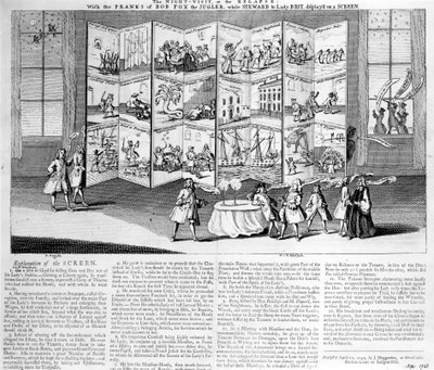 Noční návštěva aneb Relapse: s žerty Boba Foxe žongléra, zatímco Steward do Lady Britannia, zobrazeno na obrazovce, 1742 od English School