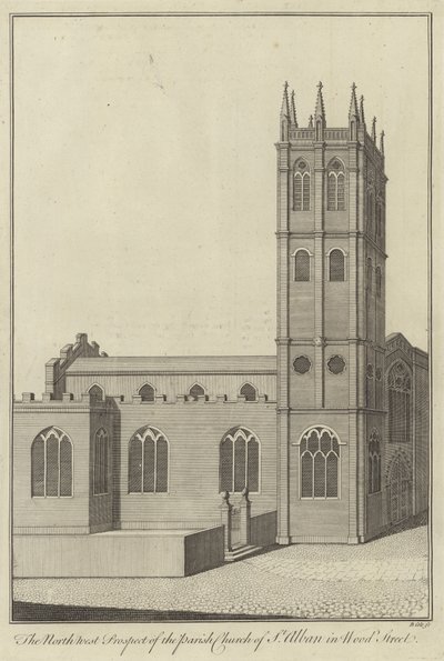Severozápadní prospekt farního kostela St Alban na Wood Street v Londýně od English School