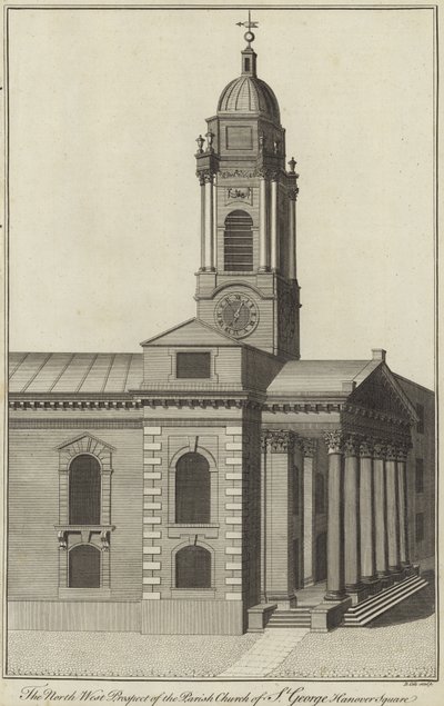 Severozápadní prospekt farního kostela svatého Jiří, Hanover Square, Londýn od English School
