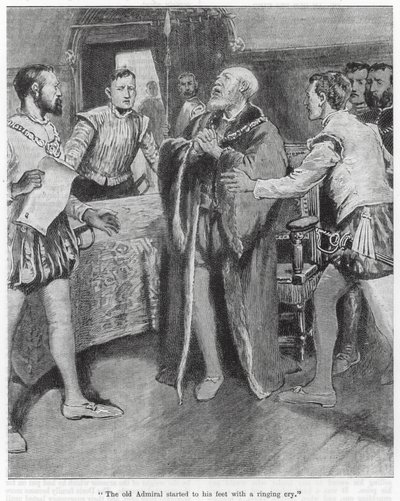 "Starý admirál se se zvonivým křikem postavil na nohy" (rytina) od English School