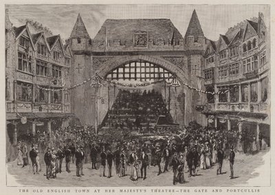 Staré anglické město v divadle Jejího Veličenstva, Brána a Portcullis (rytina) od English School