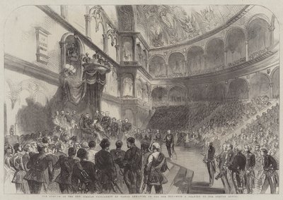 Otevření nového italského parlamentu Victor Emmanuel dne 18. Ult (rytina) od English School