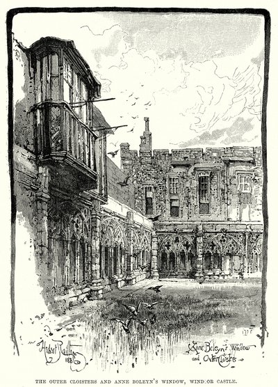 Vnější křížová chodba a okno Anny Boleynové, hrad Windsor (rytina) od English School