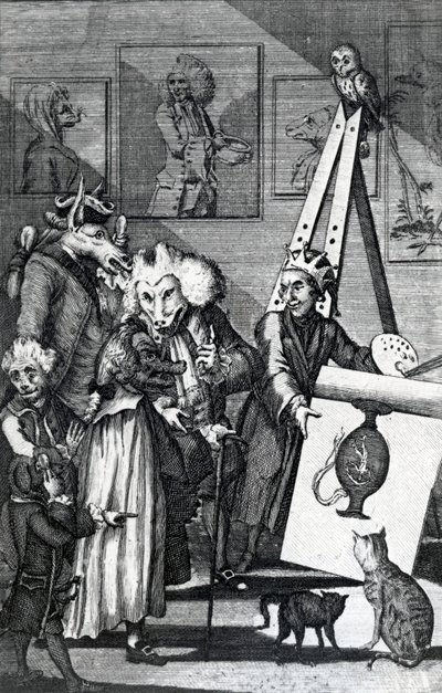 Malíř předkládající svůj obraz ke zkoušce znalců a starožitníků, 1774 od English School