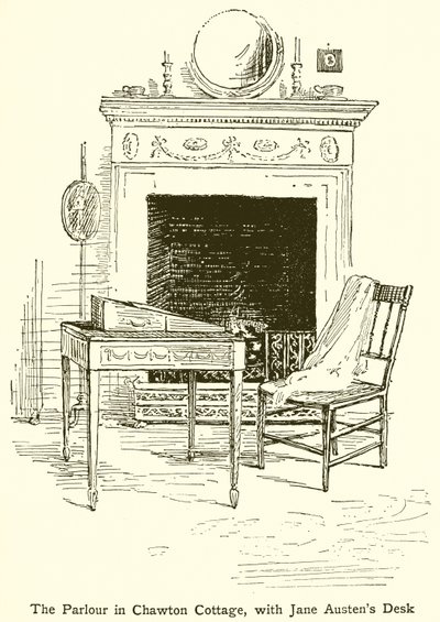 Salon v Chawton Cottage, s pultem Jane Austensové od English School