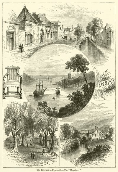 The Pilgrims at Plymouth, The "Mayflower" (rytina) od English School